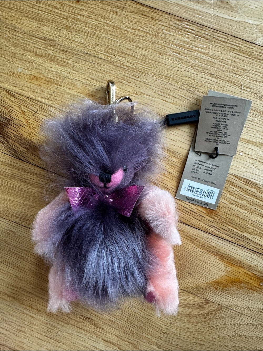 Burberry Pink and Purple Fur Bear Key Charm with Gold Hardware
